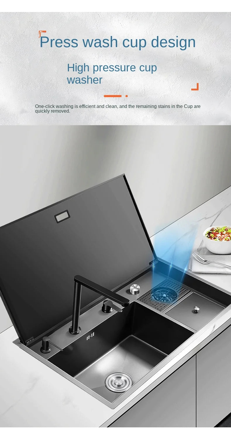 Multifunctional Nano Stainless Steel Kitchen Sink with Cover Plate, Thickened Single Basin Island Table Sink 88*51*22CM