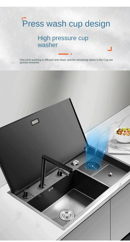 Multifunctional Nano Stainless Steel Kitchen Sink with Cover Plate, Thickened Single Basin Island Table Sink 88*51*22CM