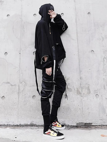 Men's Sets Black Hoodies+Pants Punk Graphic Zipper Hooded Sweatshirts Cargo Pant Men Oversized Loose Streetwear Suits.