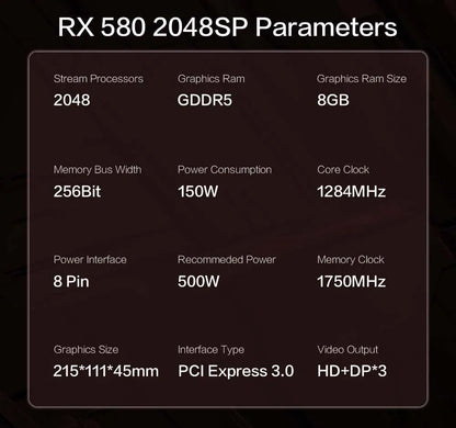 MLLSE AMD RX 580 8GB 2048SP Gaming Graphics Card GDDR5 256Bit PCI-E 3.0 ×16 8Pin Radeon GPU Rx 580 Video Card Placa De Video.