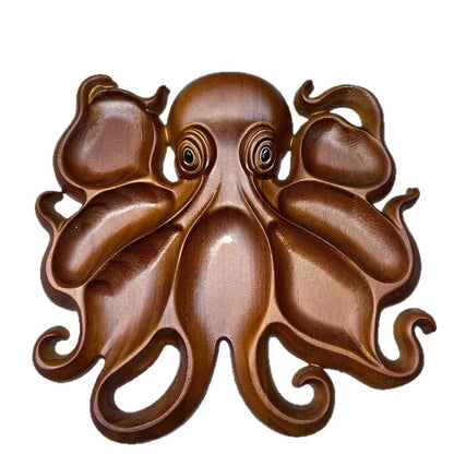 Ocean themed fresh and unique octopus cooked food tray, cheese meat fruit tray, wooden serving tray.