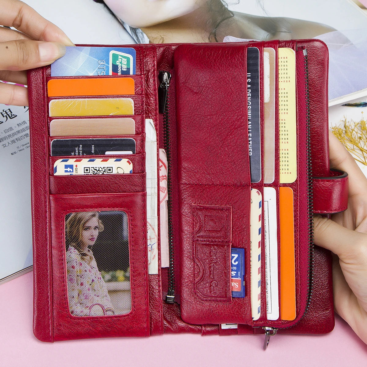 Contact's 100% Genuine Leather Wallet Women Long Coin Purse Hasp Design Clutch Bags Name Engraving Card Holder Wallets Cartera.