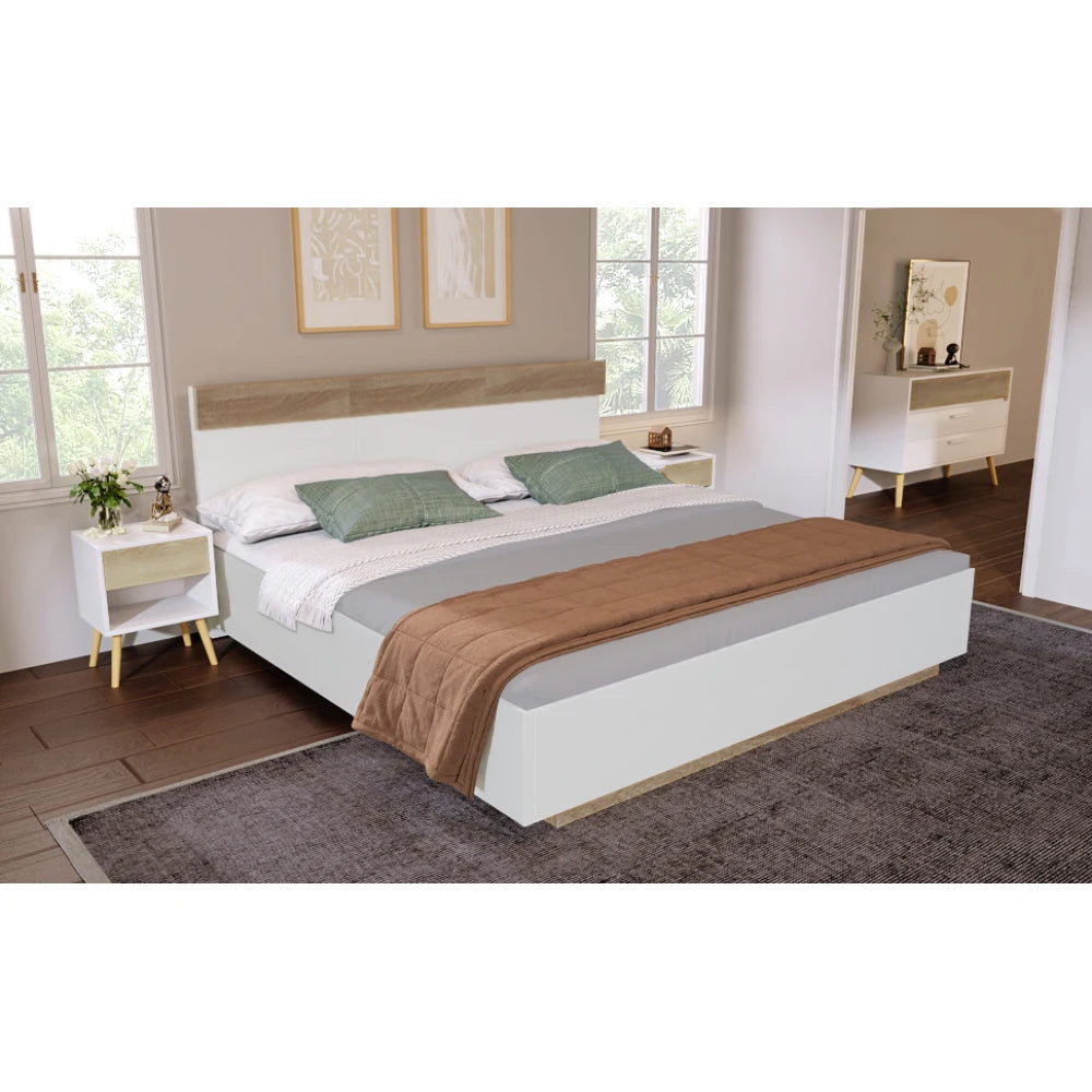 Doppelbett, Holzbett, schwebendes Bett mit Kopfteil des Bettrahmens und Lattenrost, 205 x 144 x 90,5 cm, Set in Eiche Sonoma/Weiß (ohne Matratze)