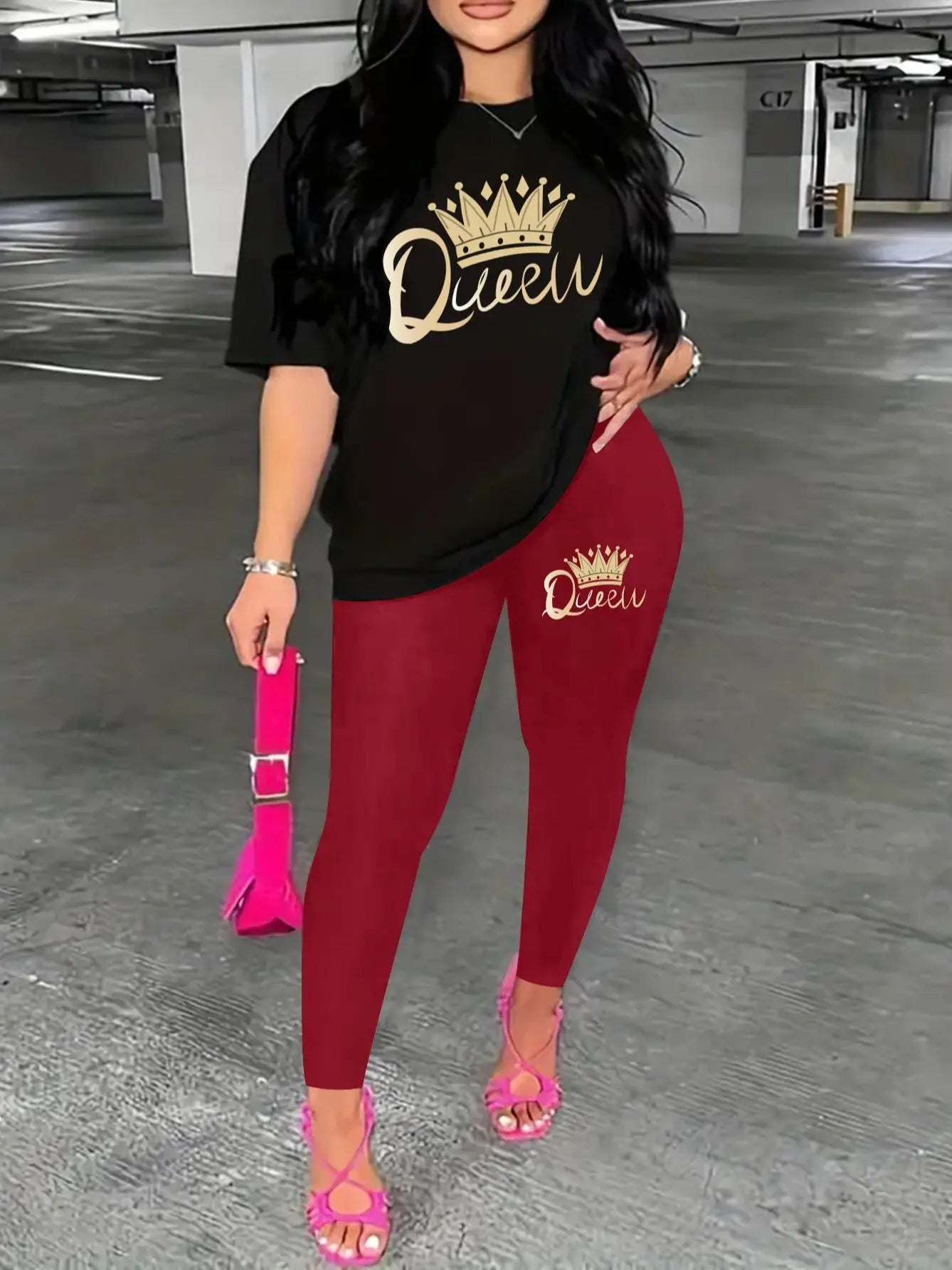 2024 New Summer Women's Printed Comfortable Casual Set 2 piece sets women outfit pants set queen letter printed Short Sleeve Top.