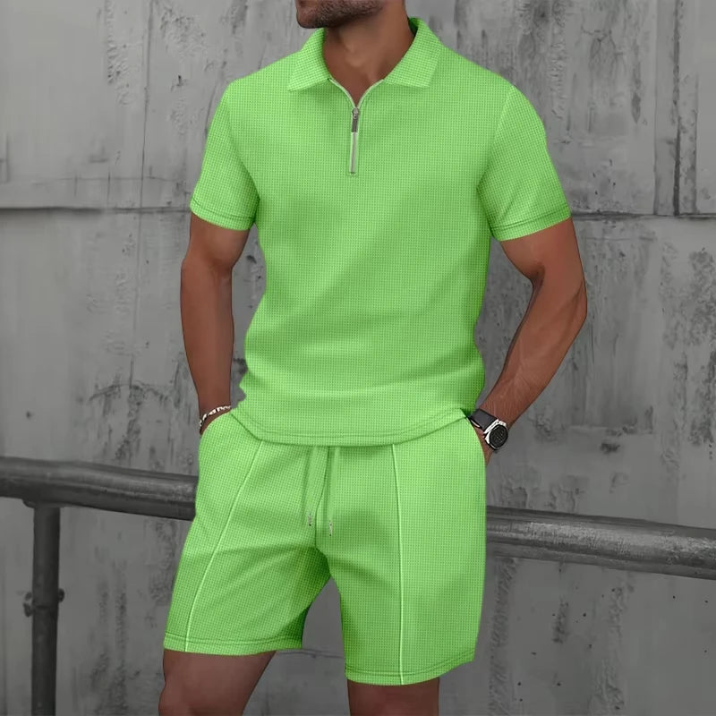 Men's Sportswear set, men's Zipper Polo Shirt set, 3D Printed Casual Zipper Polo Shirt + Shorts 2-piece Business Sportswear Set.
