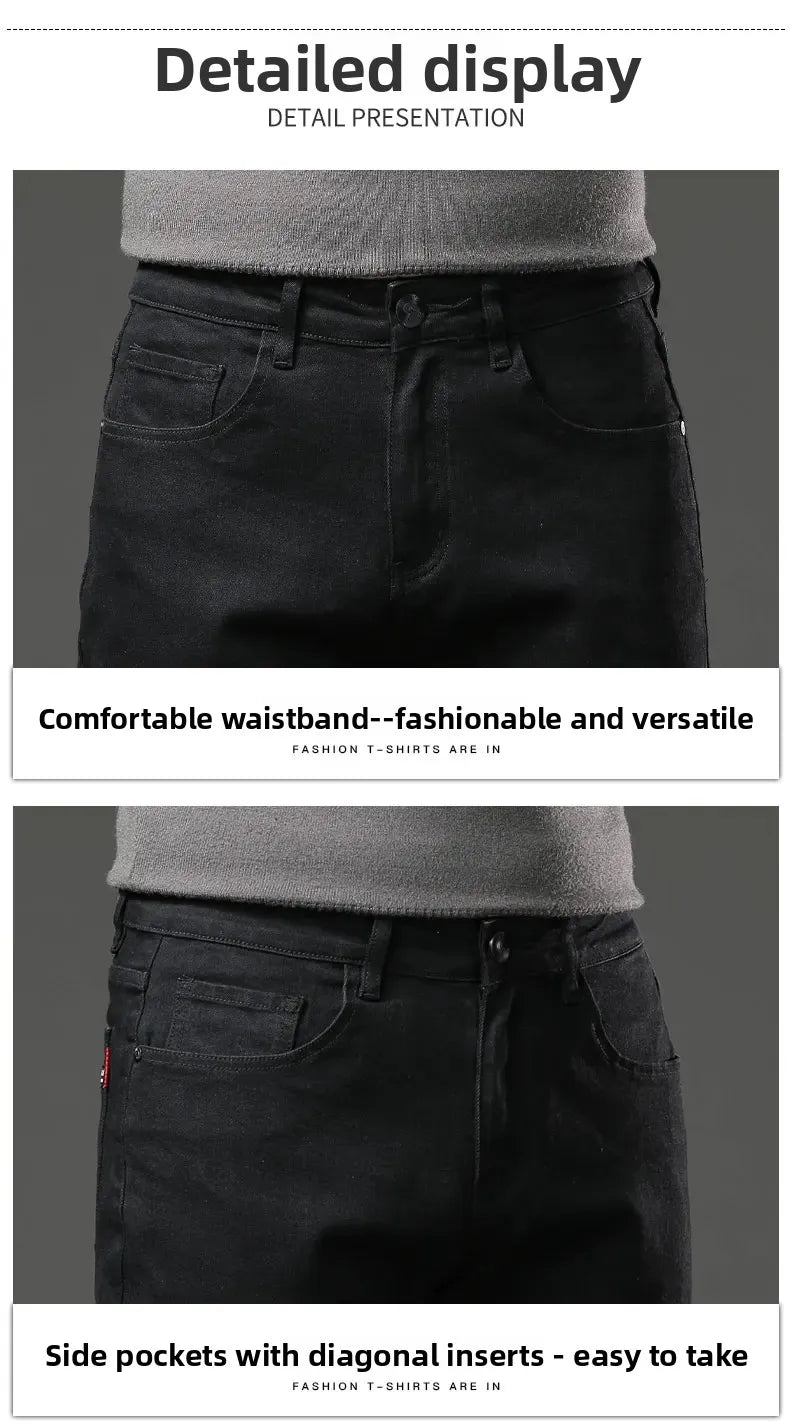 Men's Black Straight Leg Jeans Casual Elastic Business Pants High Waist Slim Fit Long Trousers New 2025 Gray Color.