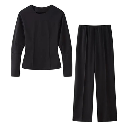 2025 Spring New Women's Two Piece Pant Set Fashion Long Sleeve O-neck Pleated Top Double-Sided Fabric Office Top Casual Pants.