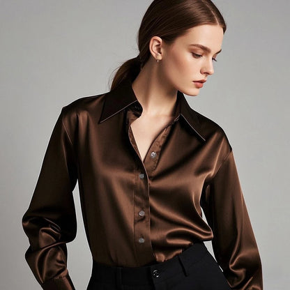 Luxury Satin Finish Shirts And Blouses For Women Clothes Casual Top OL Long Sleeve Single Breasted Elegant French Solid Blouses.