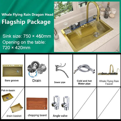 Stainless Steel Kitchen Sink with Waterfall Extra Large Single Slot Digital Display Dishwashing Basin Includes Sinks 100x50cm