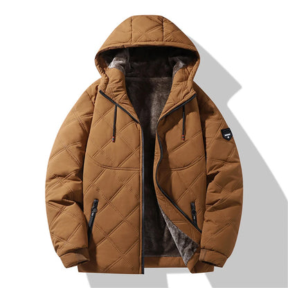 Winter Windproof Thermal Diamond-Pattern Fleece-Lined Thickened Cotton Coat Business Casual Hooded Jacket Fashionable Menswear.
