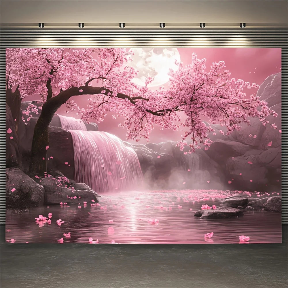 1pc Cherry Blossom Backdrop with Pink Sakura Tree & Waterfall Scene - Vibrant Polyester Fabric Wall Art for Living Room, Outdoor.