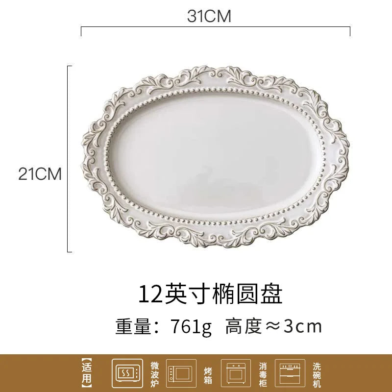 French Baroque Retro Relief Court Style Ceramic Dinner Plate European Tableware Western Food Plate Soup Plate Bowl Set