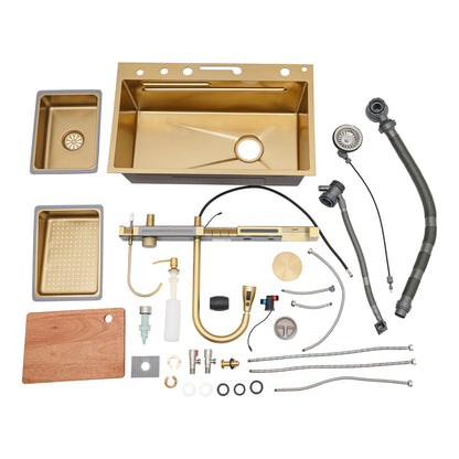 Multifunktionales Küchenspülbecken aus Edelstahl, goldenes Küchenset, mehrere Wasserauslassmodi, mit Siebwaschbecken und Waschbecken