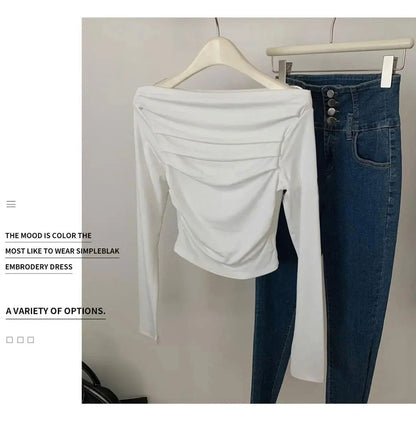 JOEVILU Pleated Off Shoulder Crop Tops Women's Slim Fit Long Sleeve T-shirt Korean Fashion Niche Base Shirt Aesthetic Clothes.