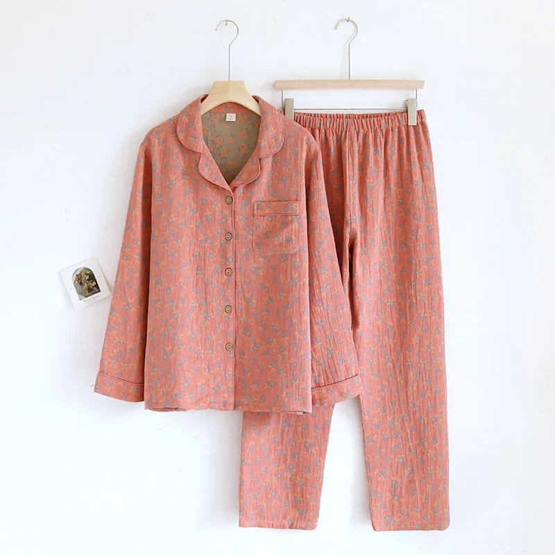 100% Cotton Crepe Homeclothes 2023 Autumn/Winter Women's Pajamas Suit Long-Sleeved Trousers 2-piece Yarn-Dyed Jacquard Pajamas.
