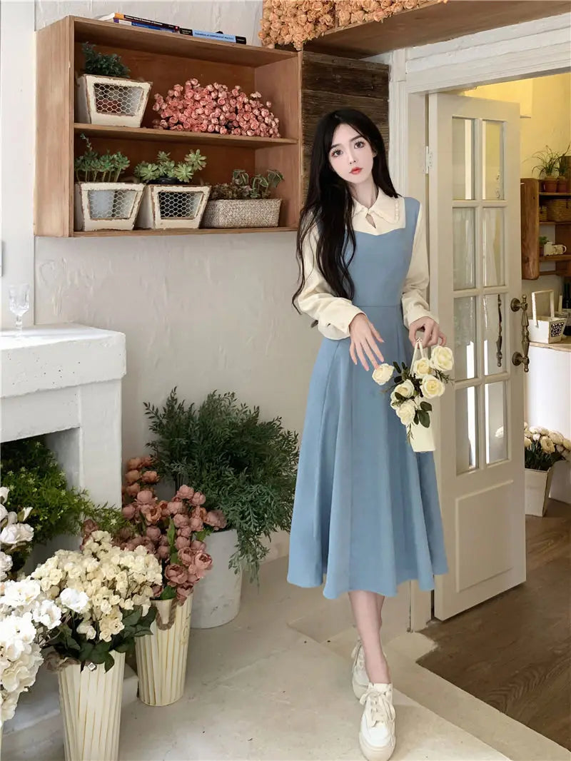 Solide Patchwork Vierkant hals Langarm gefälschte zweiteilige Kleider elegante Mode Harajuku weibliche Kleidung lässig alle Match Rock.