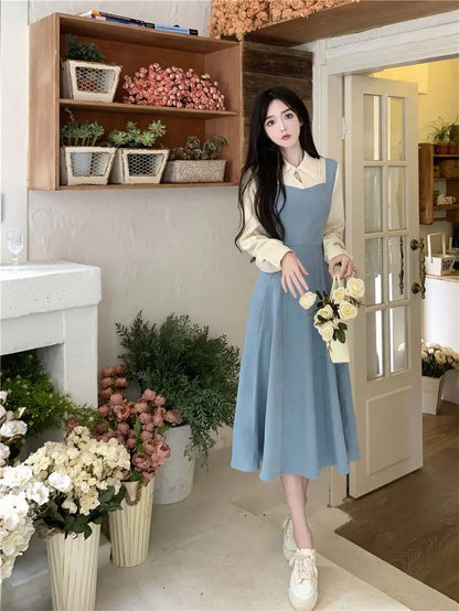 Solide Patchwork Vierkant hals Langarm gefälschte zweiteilige Kleider elegante Mode Harajuku weibliche Kleidung lässig alle Match Rock.