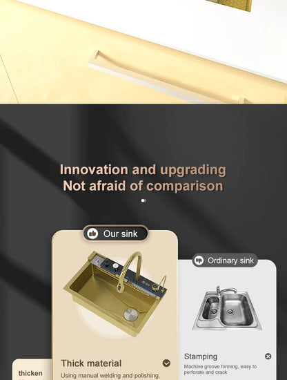 Goldenes Edelstahl-Wasserfall-Küchenspülbecken, multifunktional, groß, Einzelschlitz, Digitalanzeige, Geschirrspülbecken