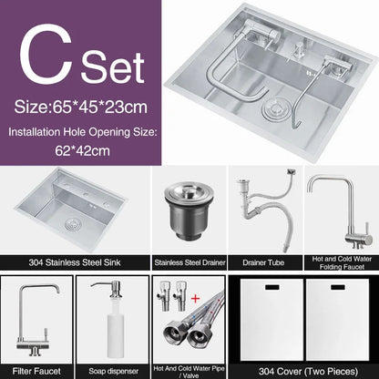 Nanometer Double Cover Hidden Kitchen Sink 304 Stainless Steel 3 Holes Handmade Single Large Size Kitchen Hidden Sinks