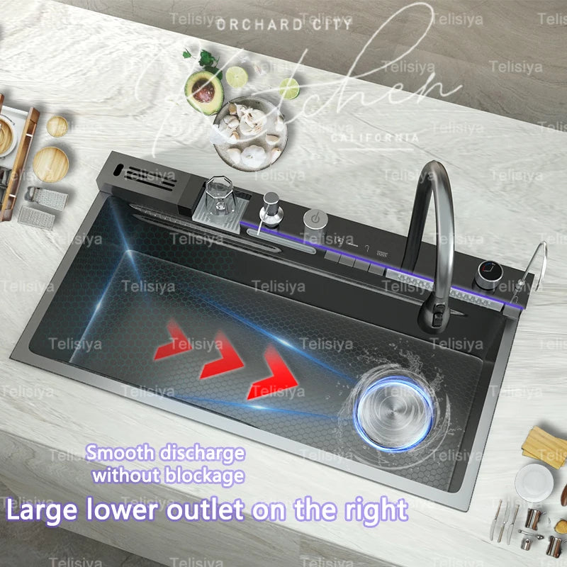 Various Waterfall kitchen Sink  Stainless Steel Multifunctional Large Single Slot Digital Display Sinks