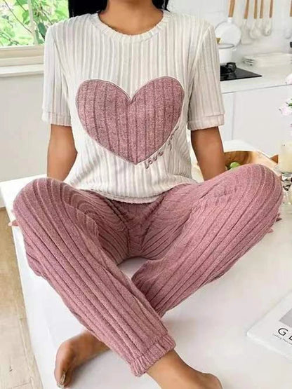 Damen-Pyjama-Set im neuen Stil, Herzmuster, kurzärmeliges Hemd, Hose, zweiteilig, einfach und schön, lässige Heimkleidung