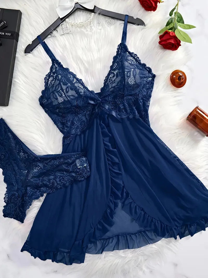 A Set Of Tulle Ultra Sexy Nightgown V-neck Bra Open Sleep Skirt Night Erotic Dress Woman Sheer Pajamas Lingerie Pants Luxury kit.