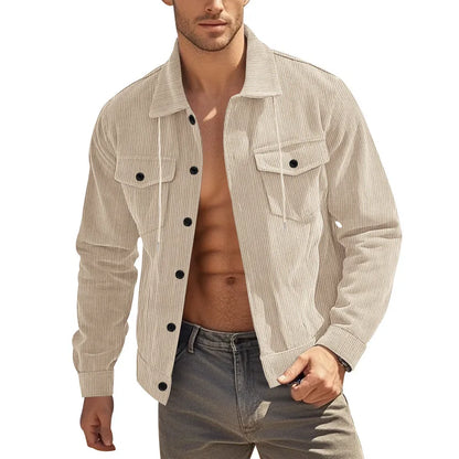 Men's Corduroy Jacket Stand-up Collar Slim Fit Retro Multi-pocket Workwear Commuter Coat for Spring And Autumn