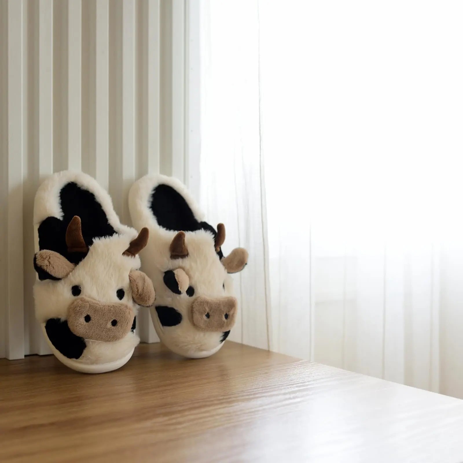 Shevalues Plush Cartoon Milk Cow Slippers Winter Women Slippers Furry Non-Slips Women Cotton Slides Couples Soft Cozy Flat Shoes.