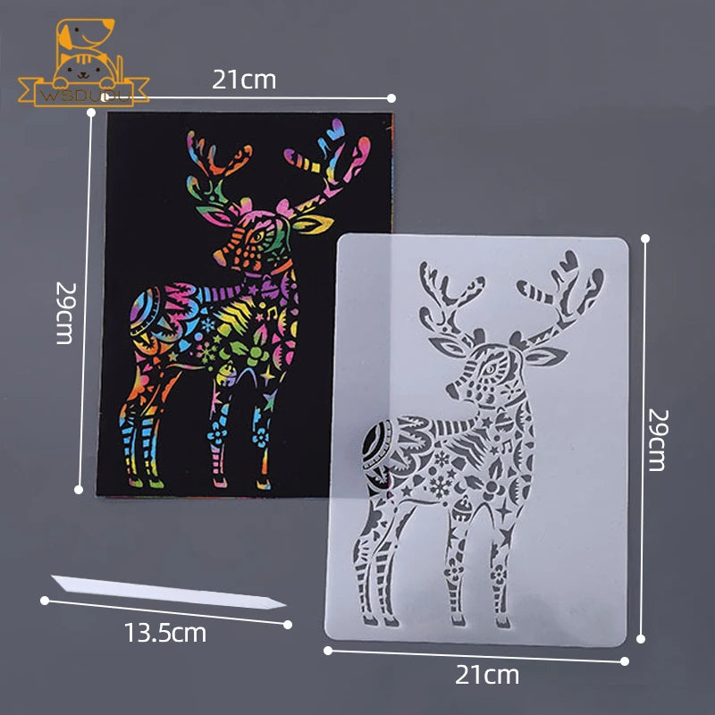 Scratch Art Paper Set 10 Sheets 5 Stencil Templates World Landmarks Animal DIY Kit Creative Painting Craft Magic Toy Kids Gift.