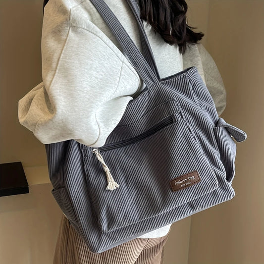 Simple Corduroy Tote Bag, Solid Color Shoulder Bag, Retro Multi Pockets Handbag For School Work Shopping.