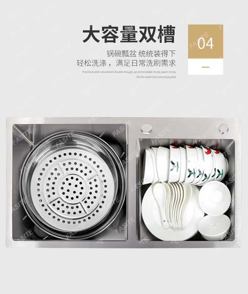 Stainless steel  double sink, kitchen , vegetable basin, thickened countertop and undercounter basin, double basin, dishwasher