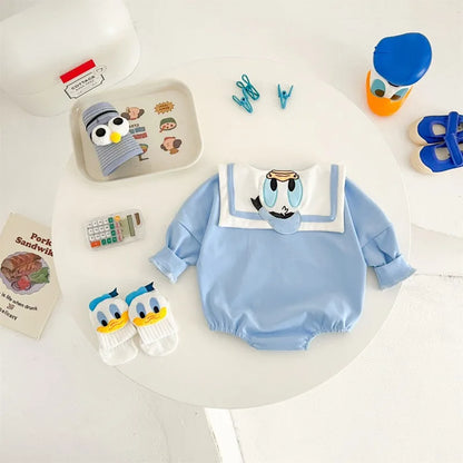Neugeborenen Baby Strampler Socke Hut 3 stücke Set Cartoon Donald Daisy Ente Kleidung Jungen Mädchen Overall Infant Kurzarm Body k732.
