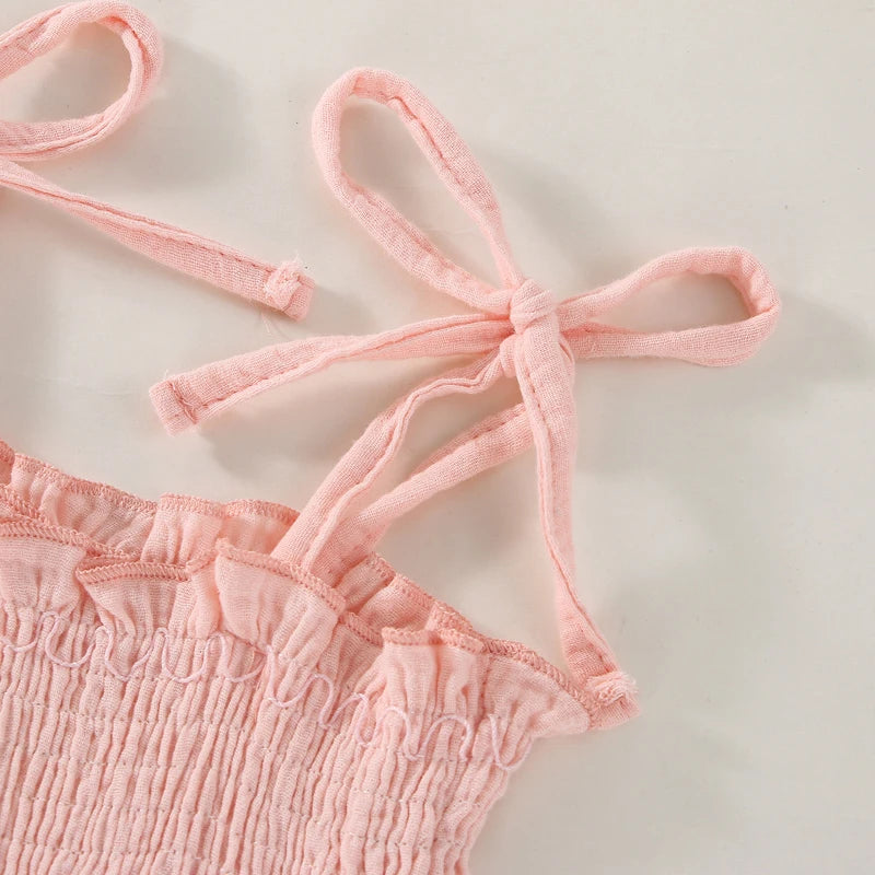 Blotona Kleinkind-Body für Babys, Mädchen, Blumenstickerei, zum Binden, Spaghettiträger, schulterfrei, Rocksaum, Strampler, Kleid und Stirnband.