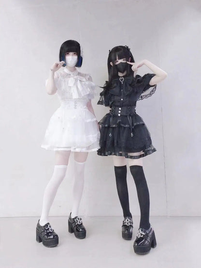 Japanese Mine Lolita Bow Shirt Subcultural Shirts Female Cute Black and White Lace Long-sleeved Short-sleeved Blouse Women.