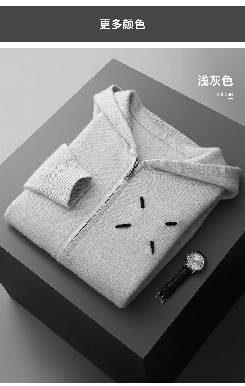Men's 100% Cashmere Sweater Zipper Hooded Cardigan Warm Air Layer Thickened Jacket Jacquard Casual Knitted Wool Sweater.