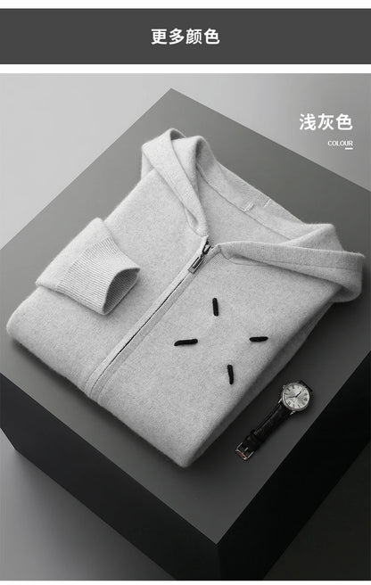 Men's 100% Cashmere Sweater Zipper Hooded Cardigan Warm Air Layer Thickened Jacket Jacquard Casual Knitted Wool Sweater.