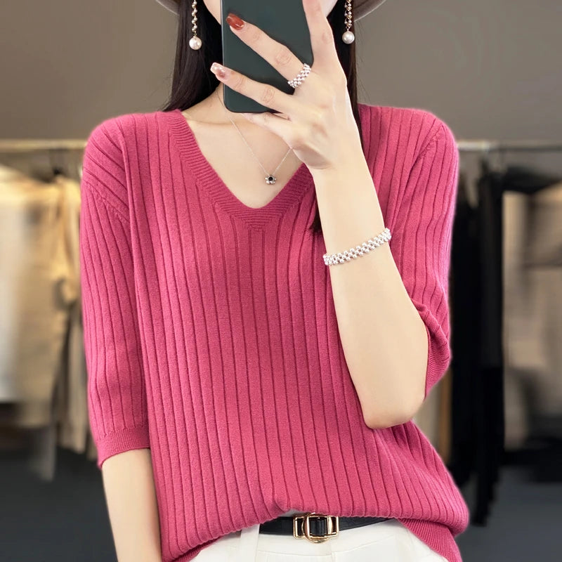 Frauen Pullover Frühling Sommer Kurzarm V-ausschnitt Strick Hemd Casual Koreanische Pullover Streifen Bodenbildung Shirt Slim Fit Jumper.