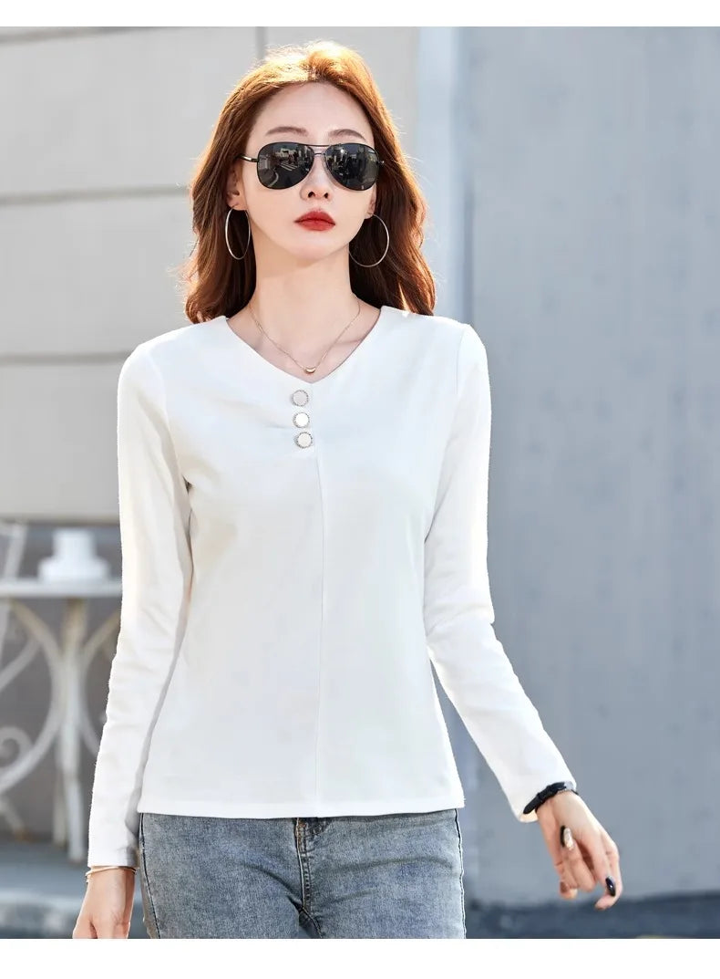 Wine red pure cotton long sleeved t-shirt for women's spring and autumn new style V-neck fashionable casual plus size loose top.