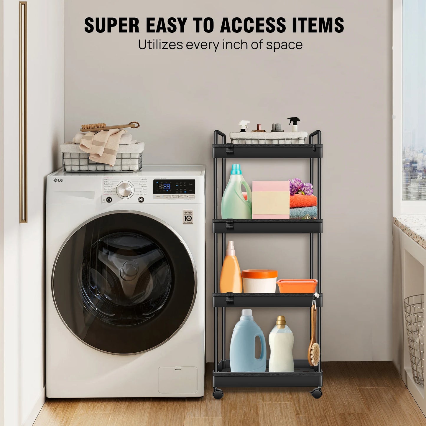 DayPlus 4-stufiger Aufbewahrungswagen, ausziehbarer, schlanker, rollender Mehrzweckwagen, multifunktionaler Badezimmerwagen aus Metall auf Rädern