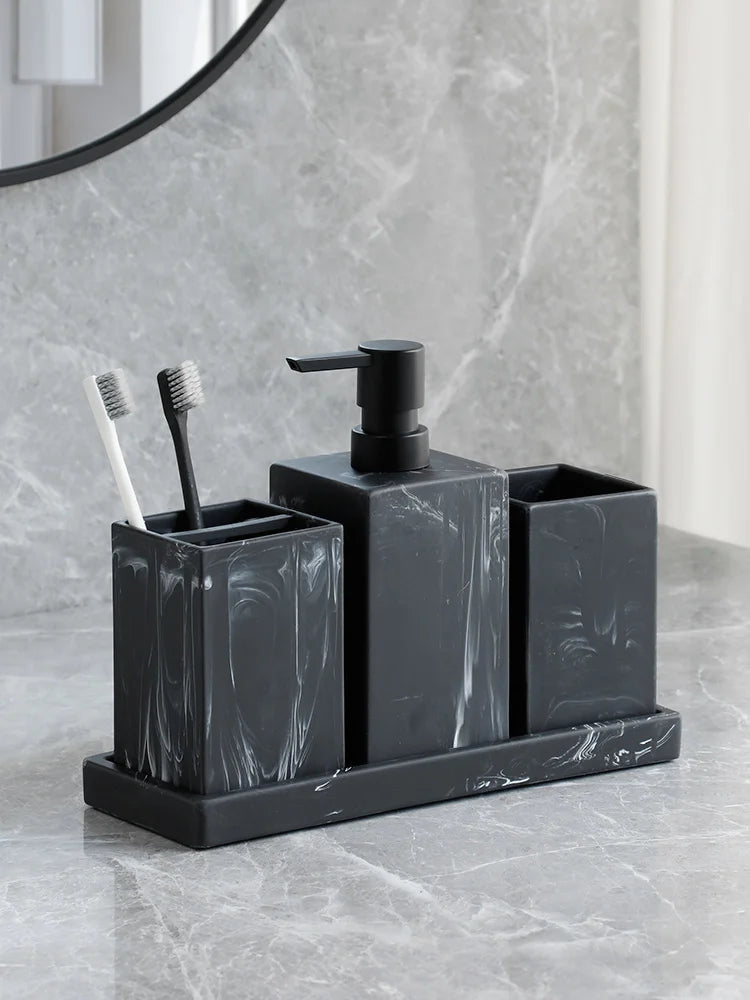 Bathroom Accessories Complete Marble Pattern Lotion Soap Dispenser,Toothbrush Holder,Tumbler,Tray Resin material Black white.
