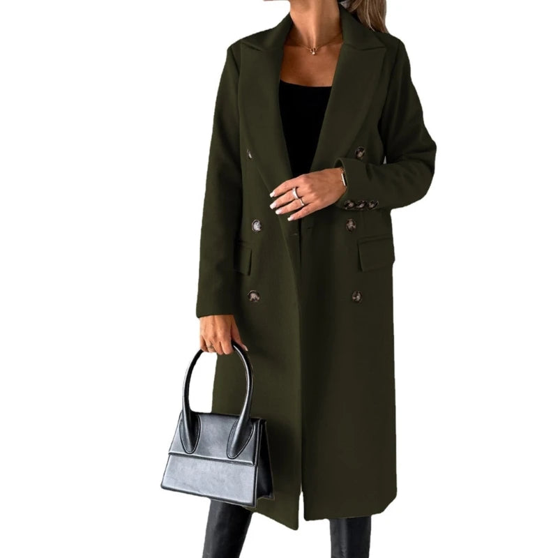 Damen-Mantel aus Wollmischung, langärmelig, zweireihig, Jacken, Mantel mit Tasche, warmer Winter-Trenchcoat, Oberbekleidung.