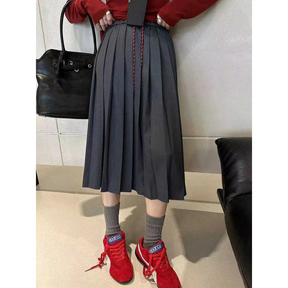 Autumn Women's Solid Color High Waist Pleated A Line Long Skirt Korean Fashion College Style Drawstring Lace-up Skirt 2024 Trend.