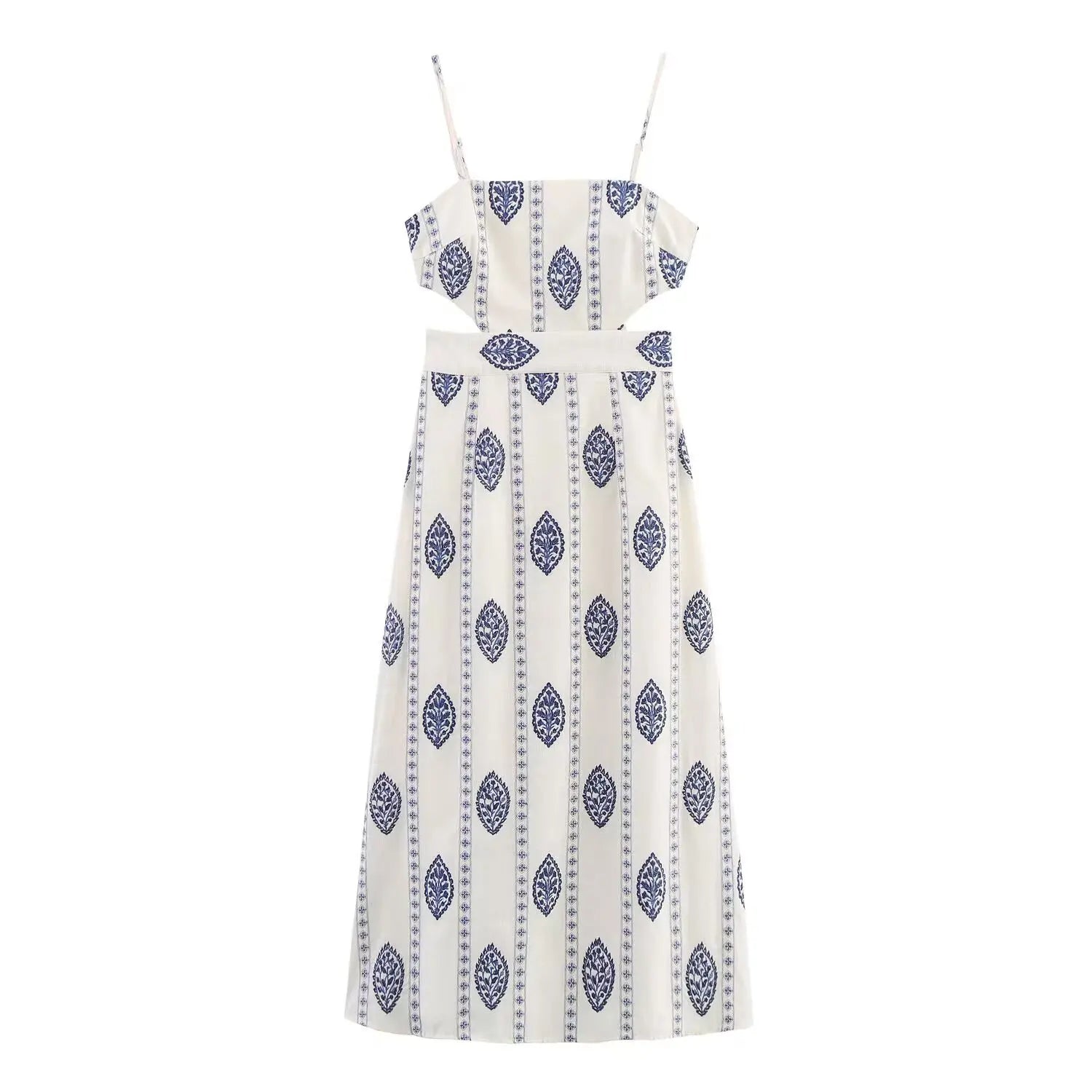 ZBZA Frauen Sexy Gedruckt Rohr Schlinge Lange Kleider Retro Taille Hohl Ärmelloses Abend Dünnes Kleid Weibliche Sommer Chic Street Party.