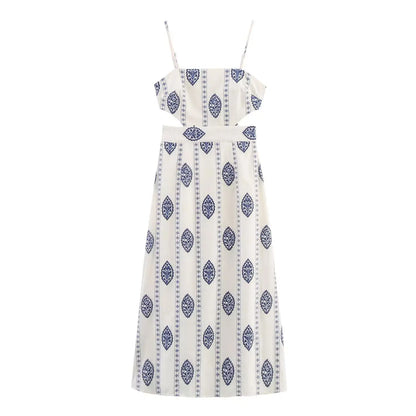 ZBZA Frauen Sexy Gedruckt Rohr Schlinge Lange Kleider Retro Taille Hohl Ärmelloses Abend Dünnes Kleid Weibliche Sommer Chic Street Party.