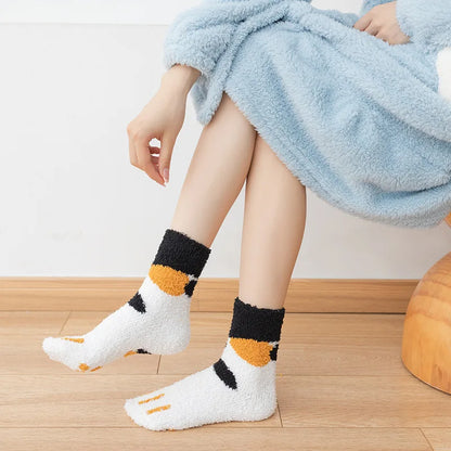 Women Socks Winter Warm Fluffy Socks Cute Animal Claw Cat Paw Footprint Fuzzy Socks Thicken Coral Fleece Home Floor Sleep Socks.
