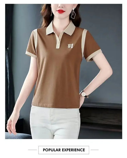 Sporty Short Sleeve Polo Shirt for Women Summer Fashionable Hong Kong Style Top Slim Fit Mixed Fabric Trendy T-Shirt
