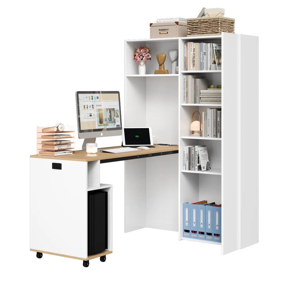 Klappbarer Schreibtisch mit 2-in-1-Bücherregal und klappbarem Schreibtisch mit Steckdose und USB-Anschluss, höhenverstellbare Regale, kippsicherer Schutz