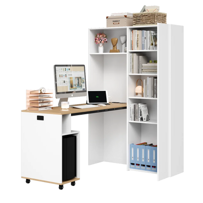 Klappbarer Schreibtisch mit 2-in-1-Bücherregal und klappbarem Schreibtisch mit Steckdose und USB-Anschluss, höhenverstellbare Regale, kippsicherer Schutz