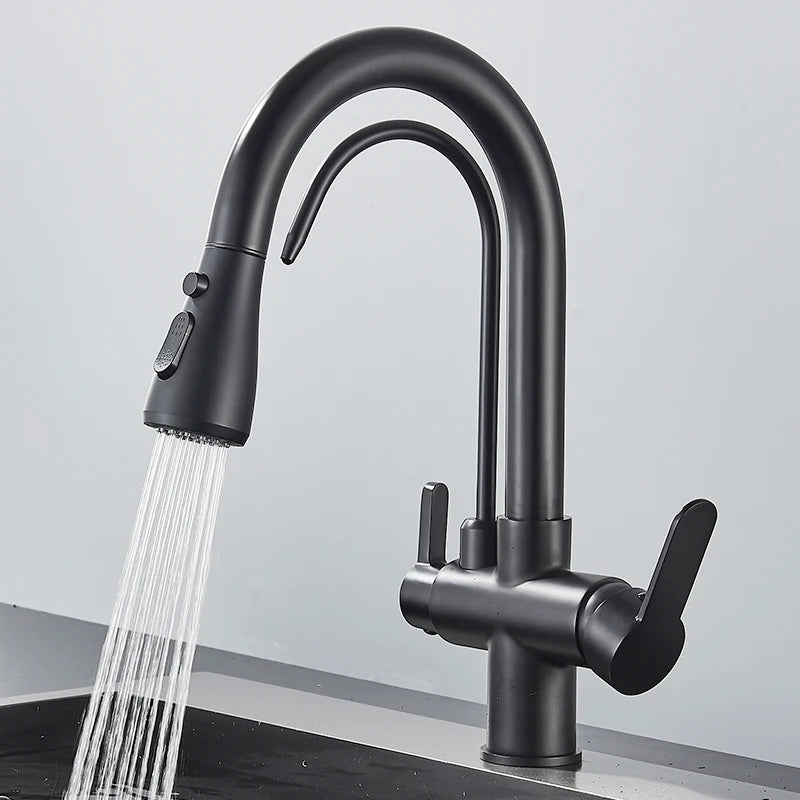 Quyanre Matte Black Filtered Crane For Kitchen Pull Out Spray 360 Rotation Water Filter Tap Three Ways Sink Mixer Kitchen Faucet