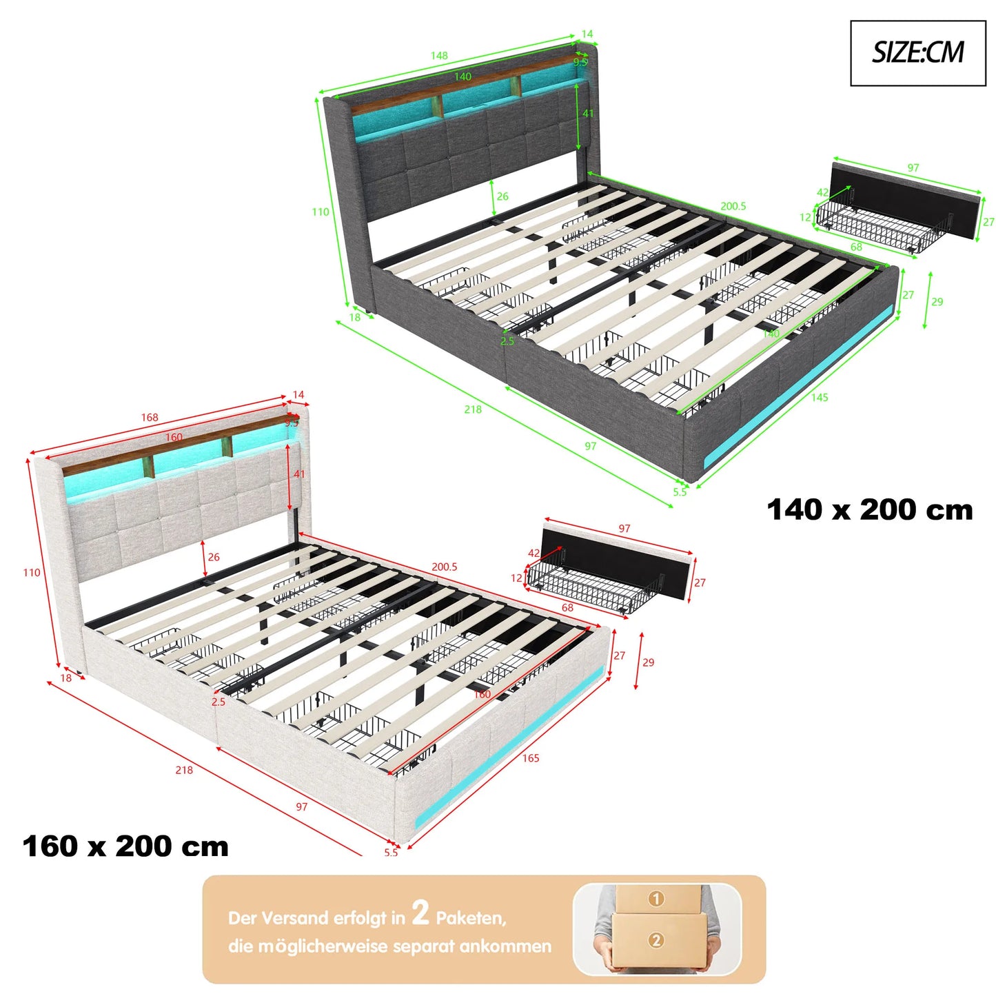 Lazyspace Leinen-Polsterbett, Bettrahmen mit Stauraum, 4 Schubladen, LED-Lichtleiste und USB-Aufladung vom Typ C